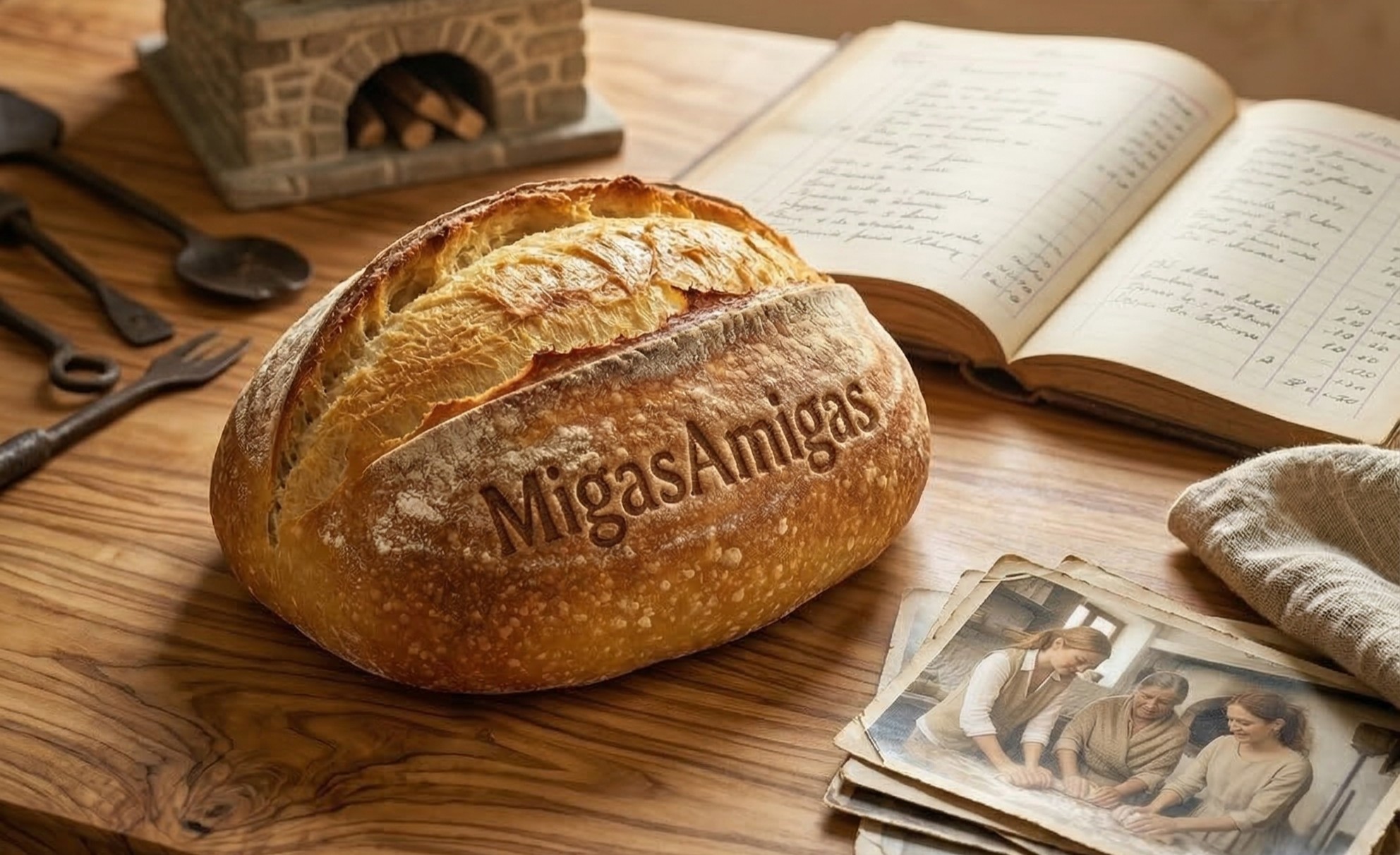 una pan y unas fotos sobre una mesa