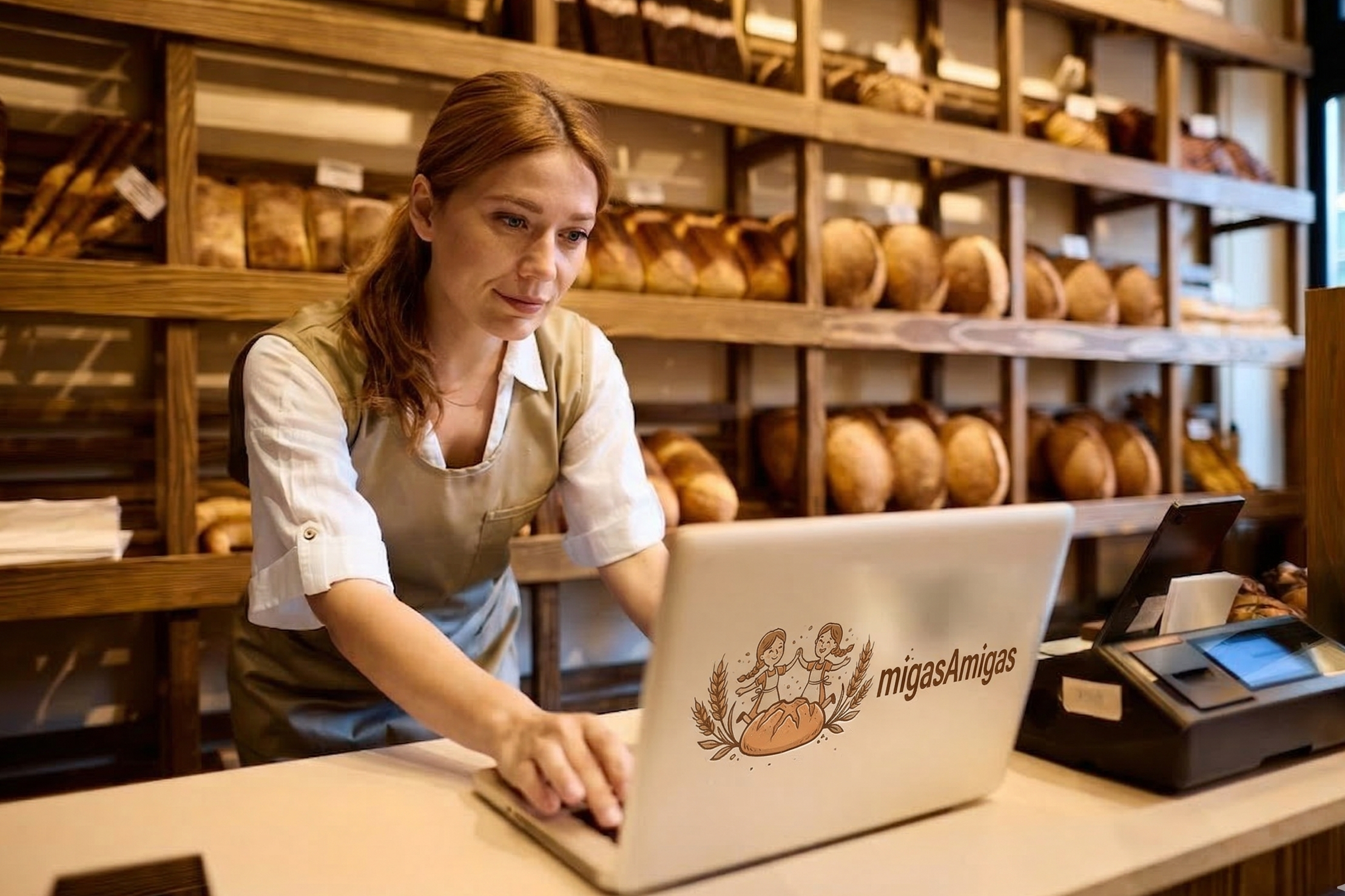 mujer revisando ordenador en una panaderia