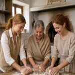 la fundado, su madre y una amiga aprendiedo a hacer pan