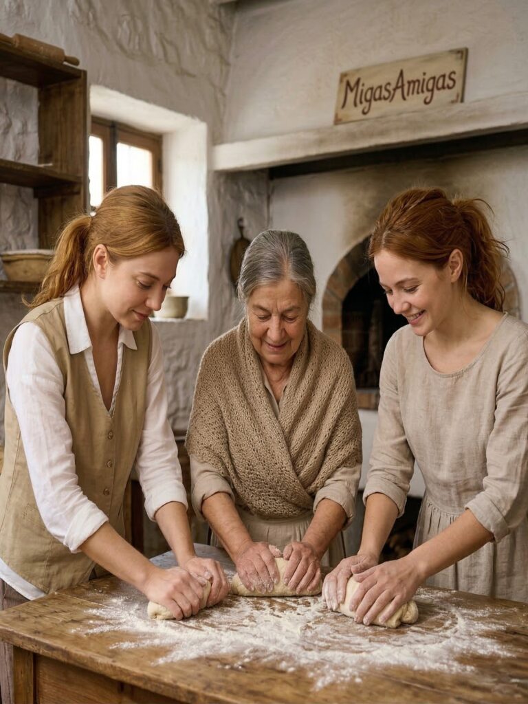 la fundado, su madre y una amiga aprendiedo a hacer pan