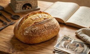 una pan y unas fotos sobre una mesa