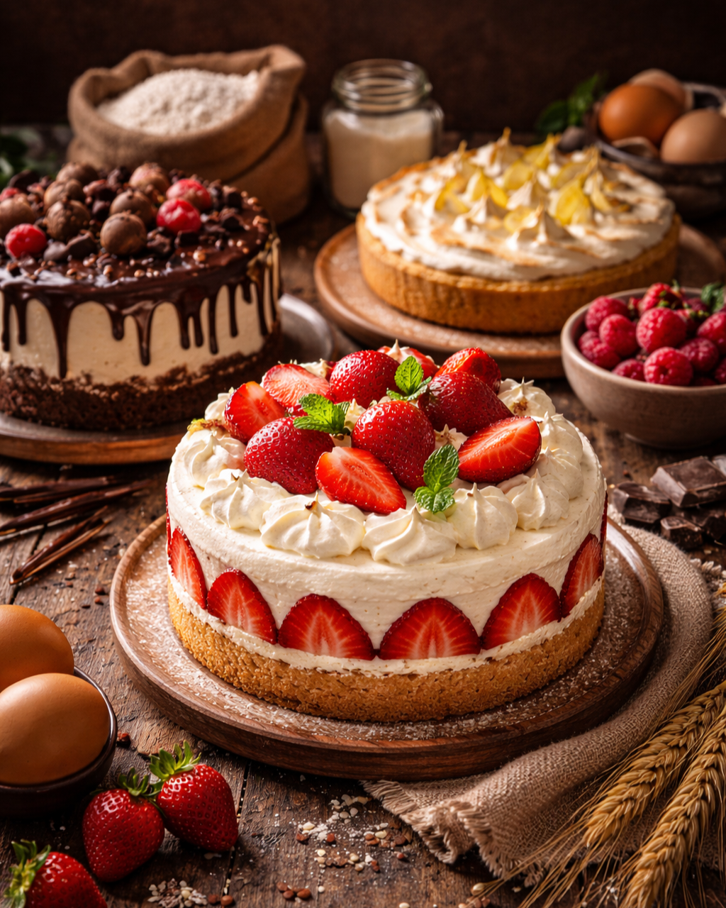 una tarta y elementos de pastelería sobre una mesa