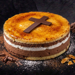 Bizcocho con nata y yema tostada.